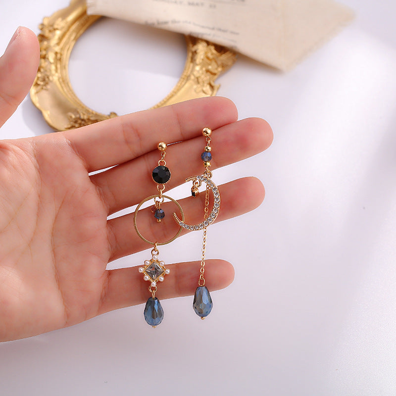 Blue Waterdrop Moon Asymmetric Earrings