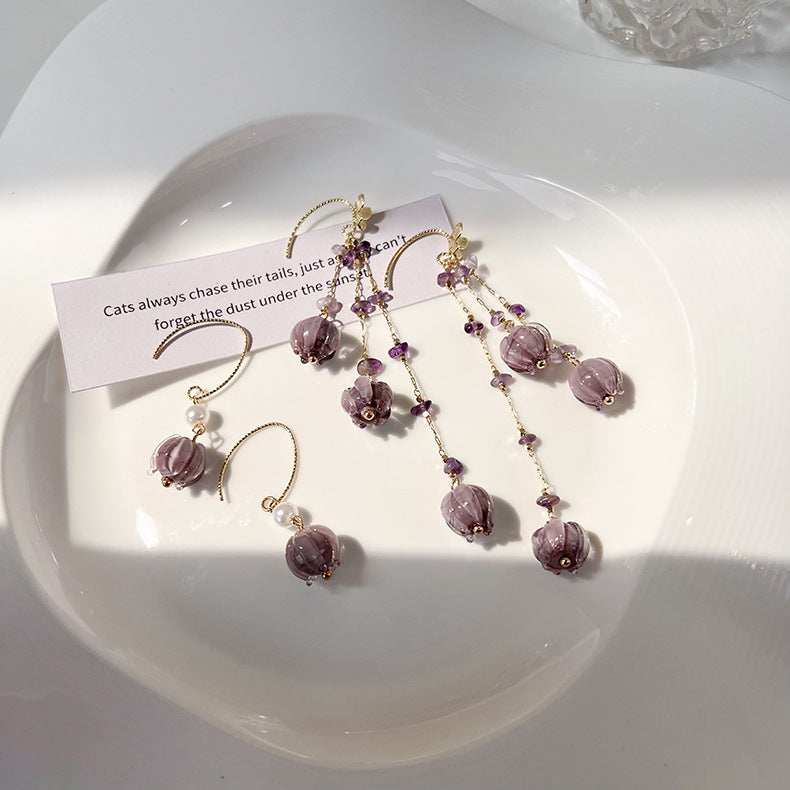 Smoky Purple Lily of the Orchid Flower Tassel Earrings