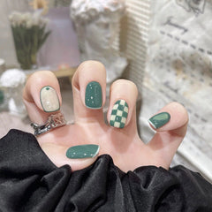 Green White Checkerboard Wearable Nails Finished Manicure