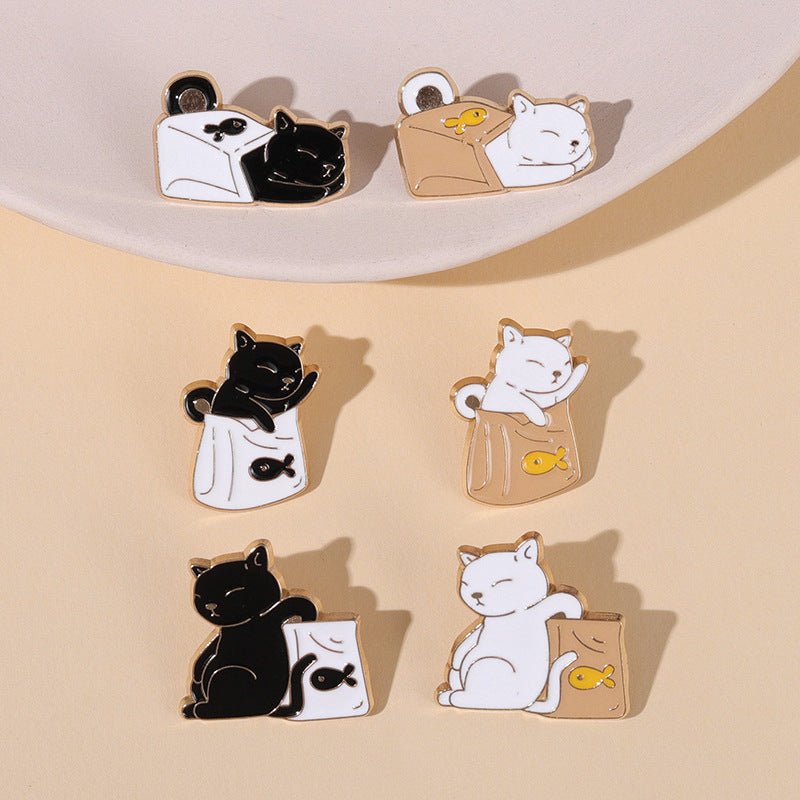 Cute Black and White Paper Bag Cat Pins