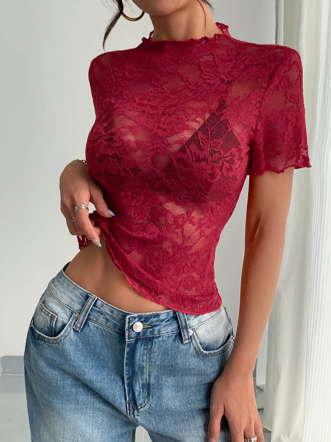 Lace Mock Neck Short Sleeve Top