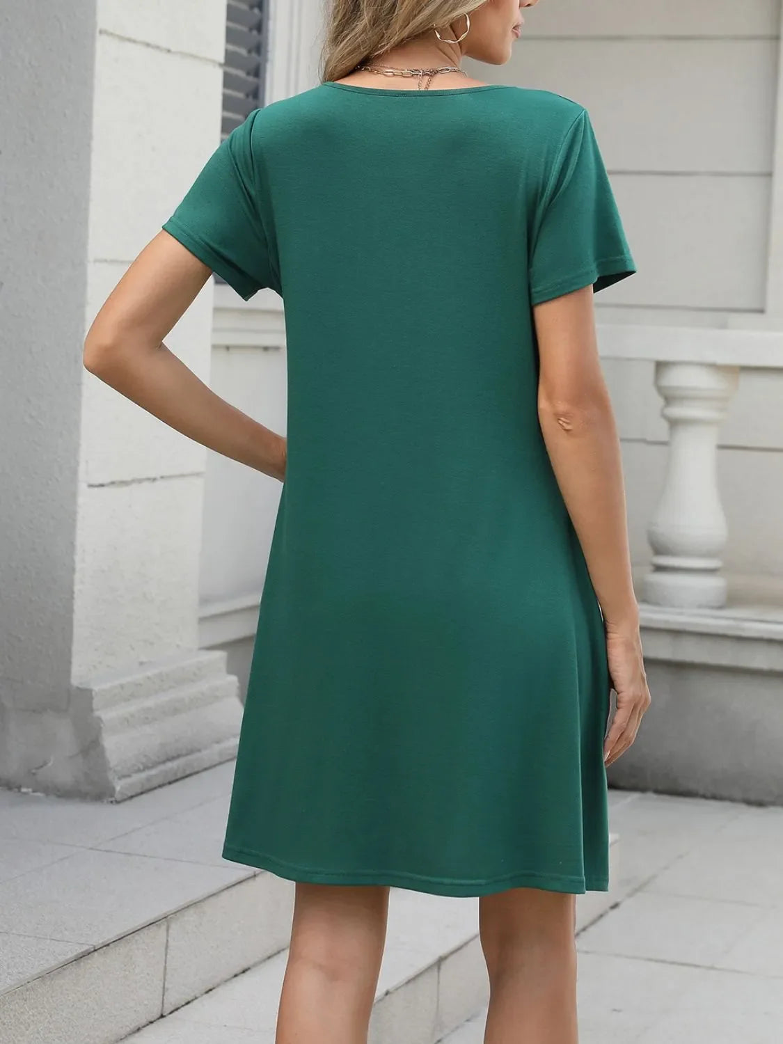 Pleated Front Round Neck Swing Dress