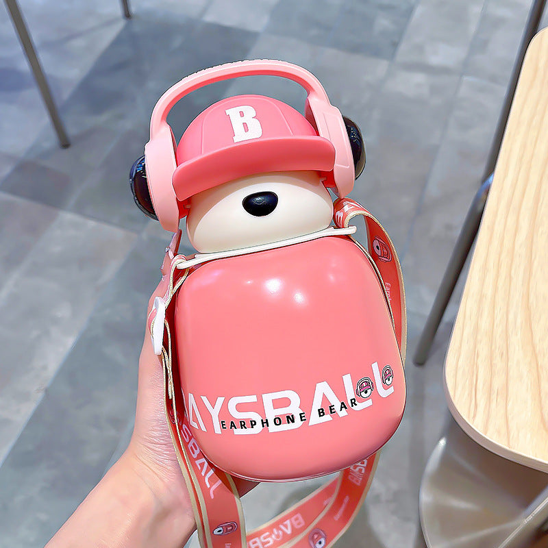 Kawaii Cartoon Headphone Bear Insulated Straw Bottle