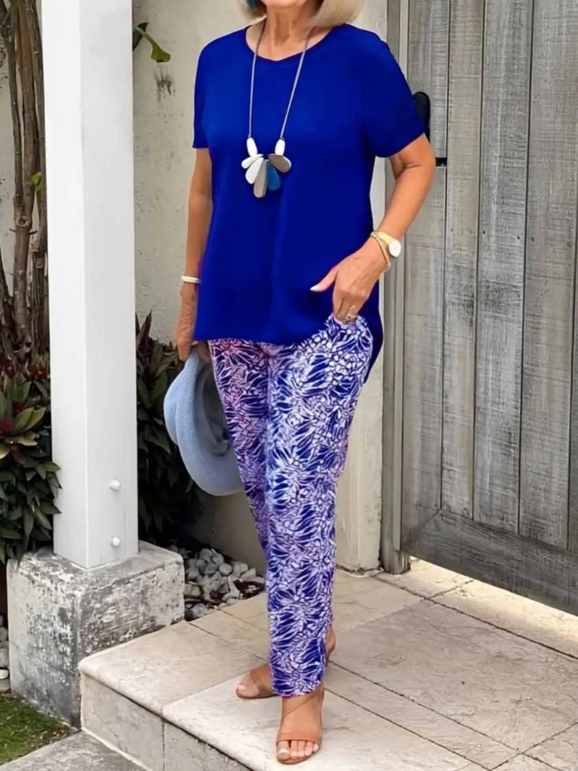Full Size Round Neck Short Sleeve Top and Pants Set Plus Size