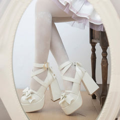 Beige Kawaii Lolita Bow Star Chunky Platform High Block Heels