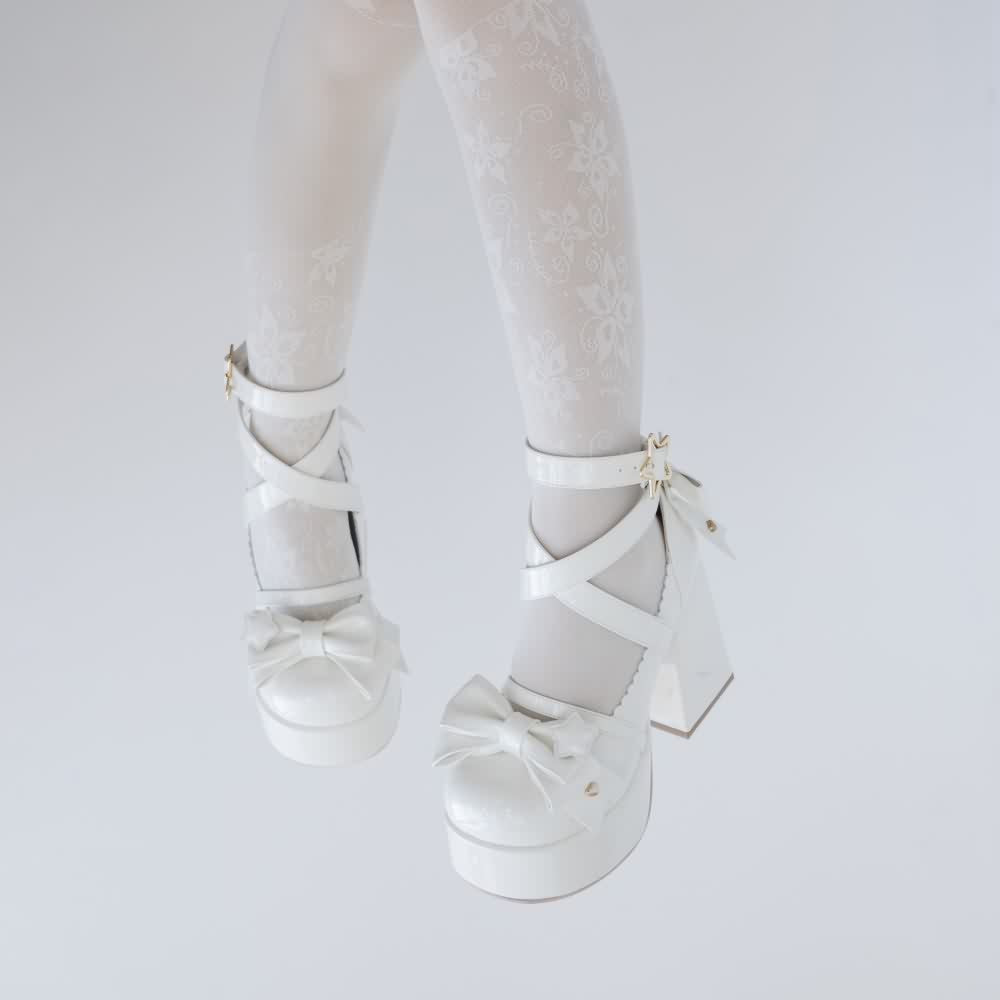 Beige Kawaii Lolita Bow Star Chunky Platform High Block Heels