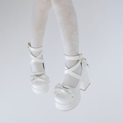 Beige Kawaii Lolita Bow Star Chunky Platform High Block Heels