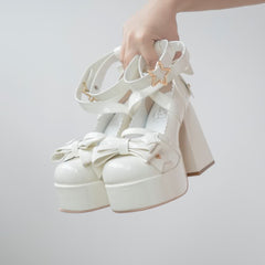 Beige Kawaii Lolita Bow Star Chunky Platform High Block Heels