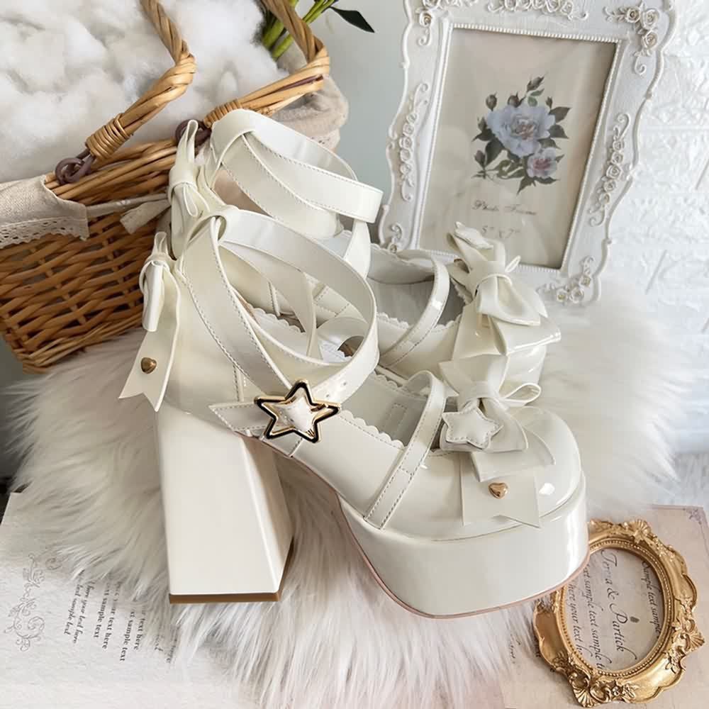 Beige Kawaii Lolita Bow Star Chunky Platform High Block Heels