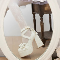 Beige Kawaii Lolita Bow Star Chunky Platform High Block Heels