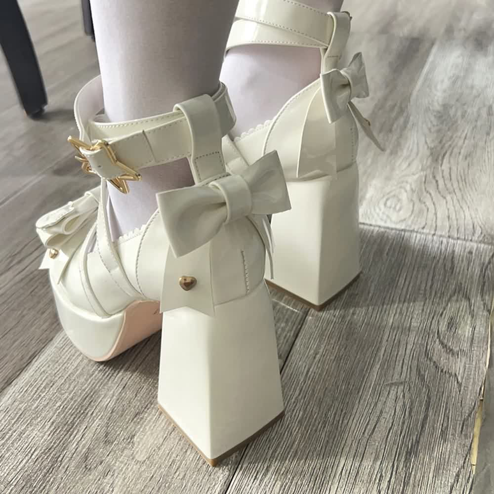 Beige Kawaii Lolita Bow Star Chunky Platform High Block Heels