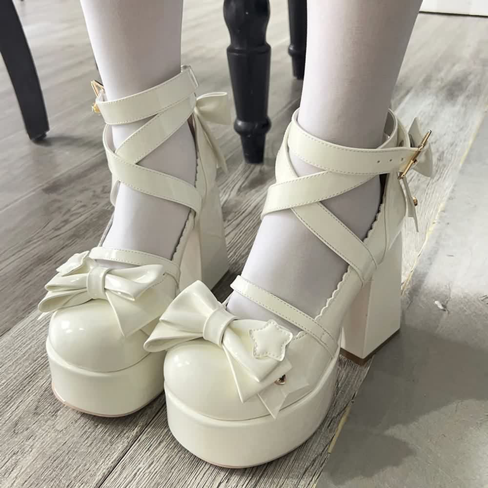 Beige Kawaii Lolita Bow Star Chunky Platform High Block Heels