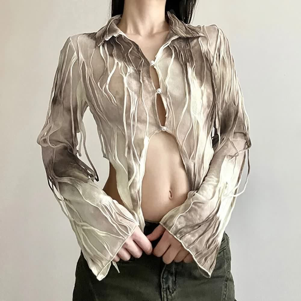 Beige Tie Dye Gothic Grunge Mesh Top