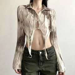 Beige Tie Dye Gothic Grunge Mesh Top