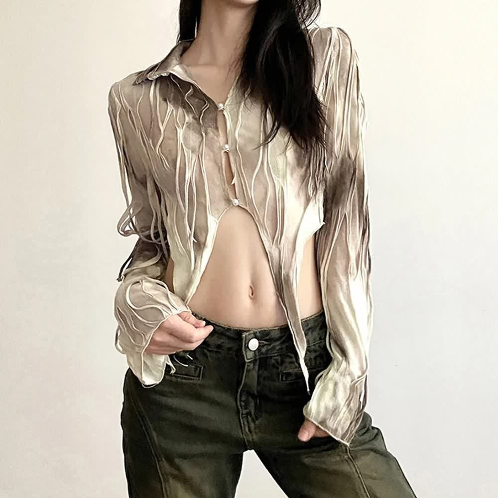 Beige Tie Dye Gothic Grunge Mesh Top