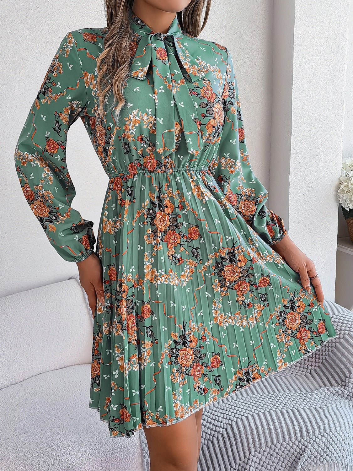 Pleated Printed-Tie Neck Long Sleeve Dress