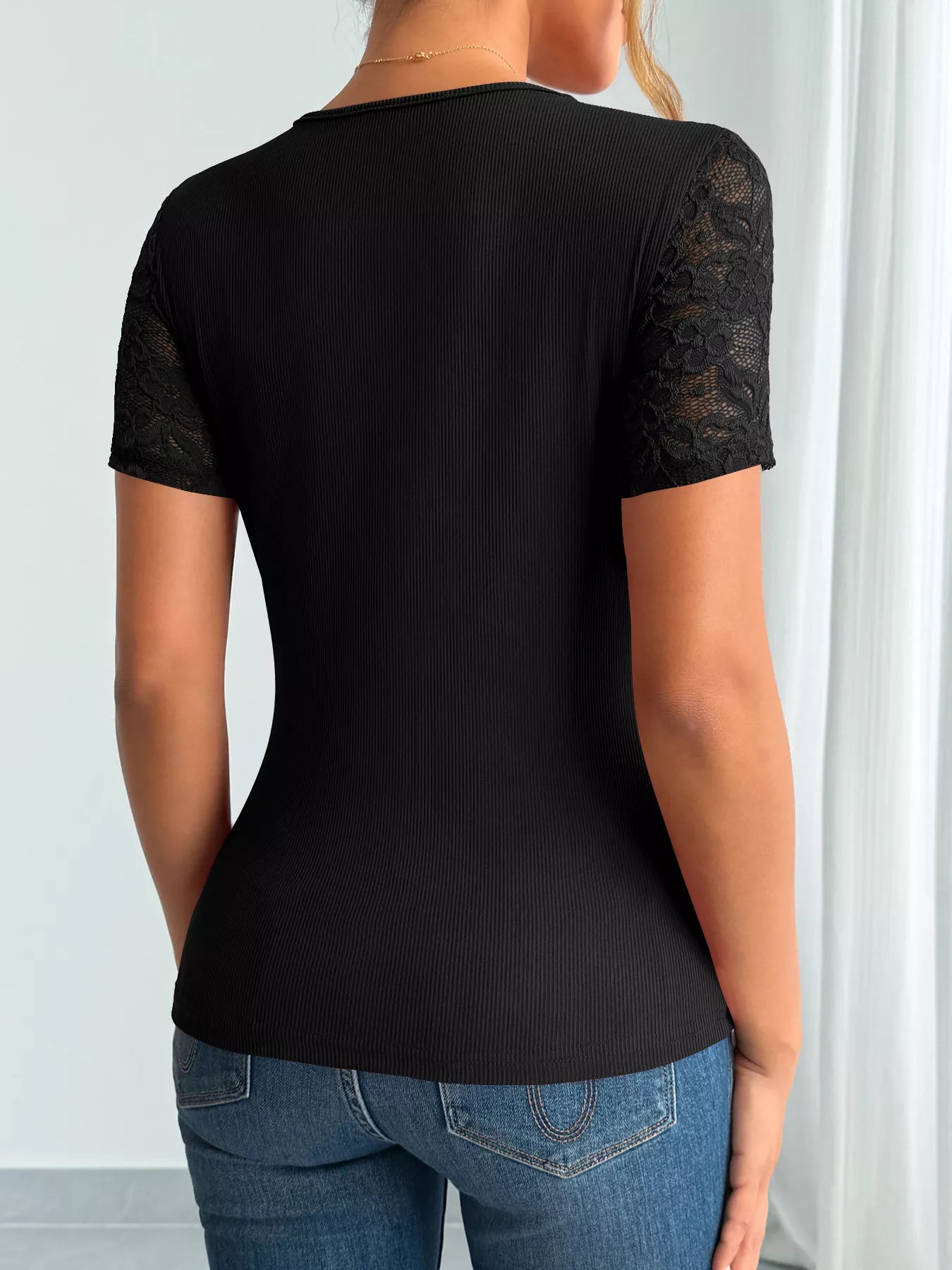 Elegant Lace Trim V-Neck Fitted Top