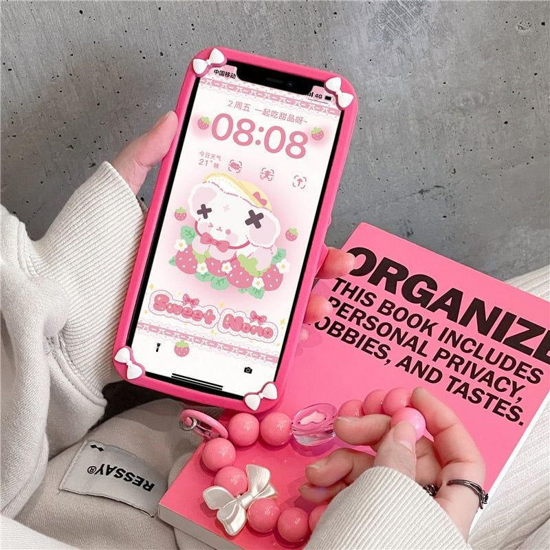 Big Bowknot Cute Phone Cases With beads Lanyard For iPhone 14 13 12 11 Pro XS Max XR X SE 2020 7 8 Plus