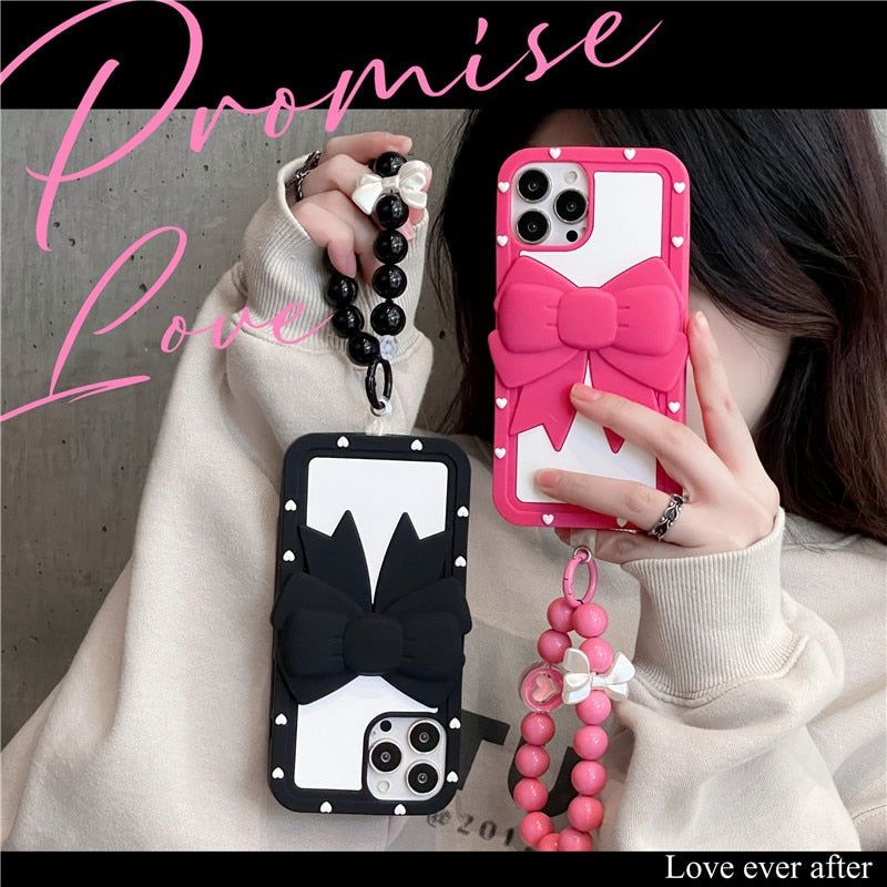 Big Bowknot Cute Phone Cases With beads Lanyard For iPhone 14 13 12 11 Pro XS Max XR X SE 2020 7 8 Plus