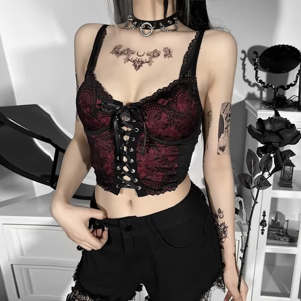 Black And Red Gothic Lace Cami Crop Top