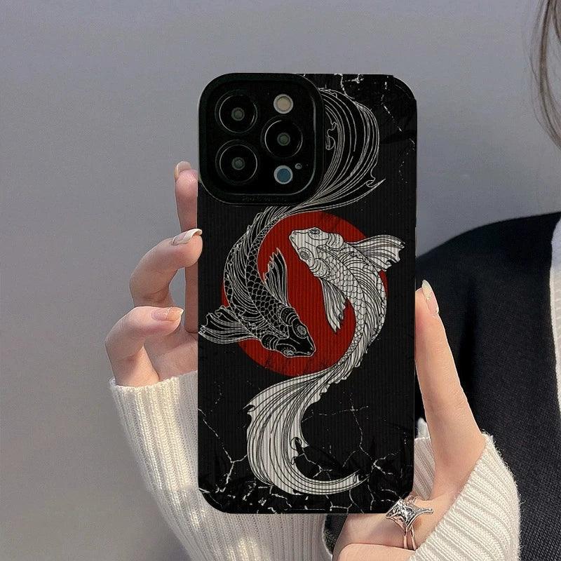 Black and White Cute Carp Oil Painting Phone Case for iPhone 15, 14, 13, 12, 11 Pro Max, Mini, 7, 8 Plus, X, XS Max, XR