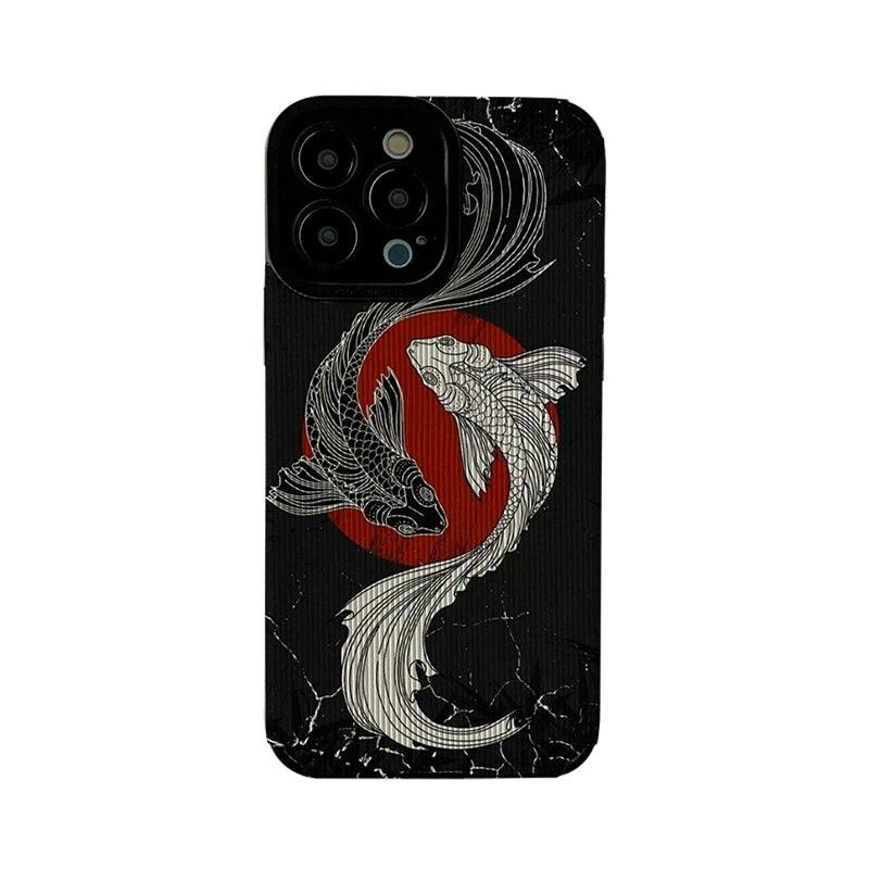 Black and White Cute Carp Oil Painting Phone Case for iPhone 15, 14, 13, 12, 11 Pro Max, Mini, 7, 8 Plus, X, XS Max, XR