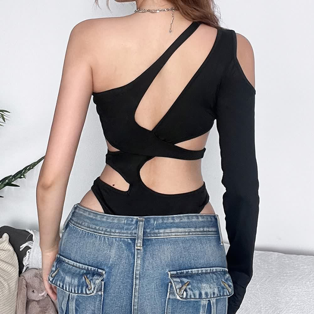 Black Asymmetrical Cut Out One Sleeve Bodysuit