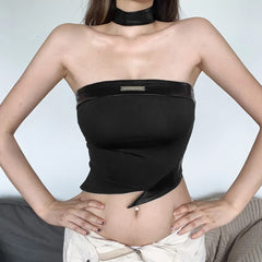 Black Asymmetrical Hem Open Shoulder Tube Top