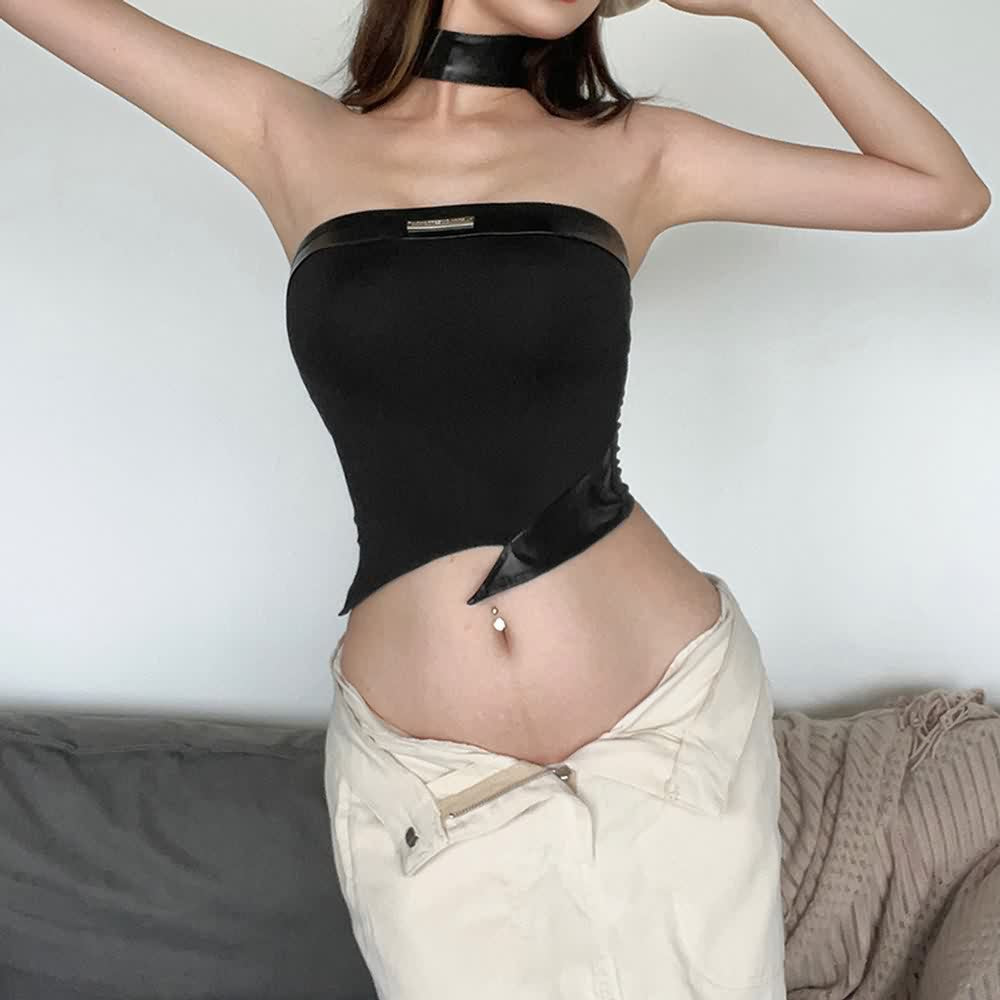 Black Asymmetrical Hem Open Shoulder Tube Top