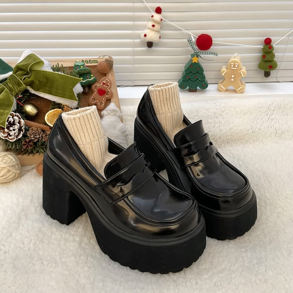 Black Chunky Platform High Heel Loafers