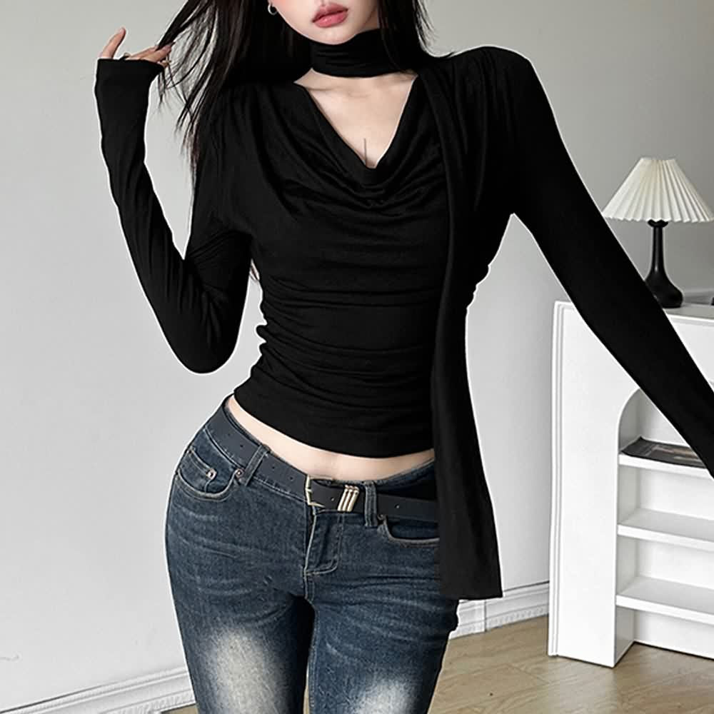 Black Cowl Neckline Long Sleeve Crop Top