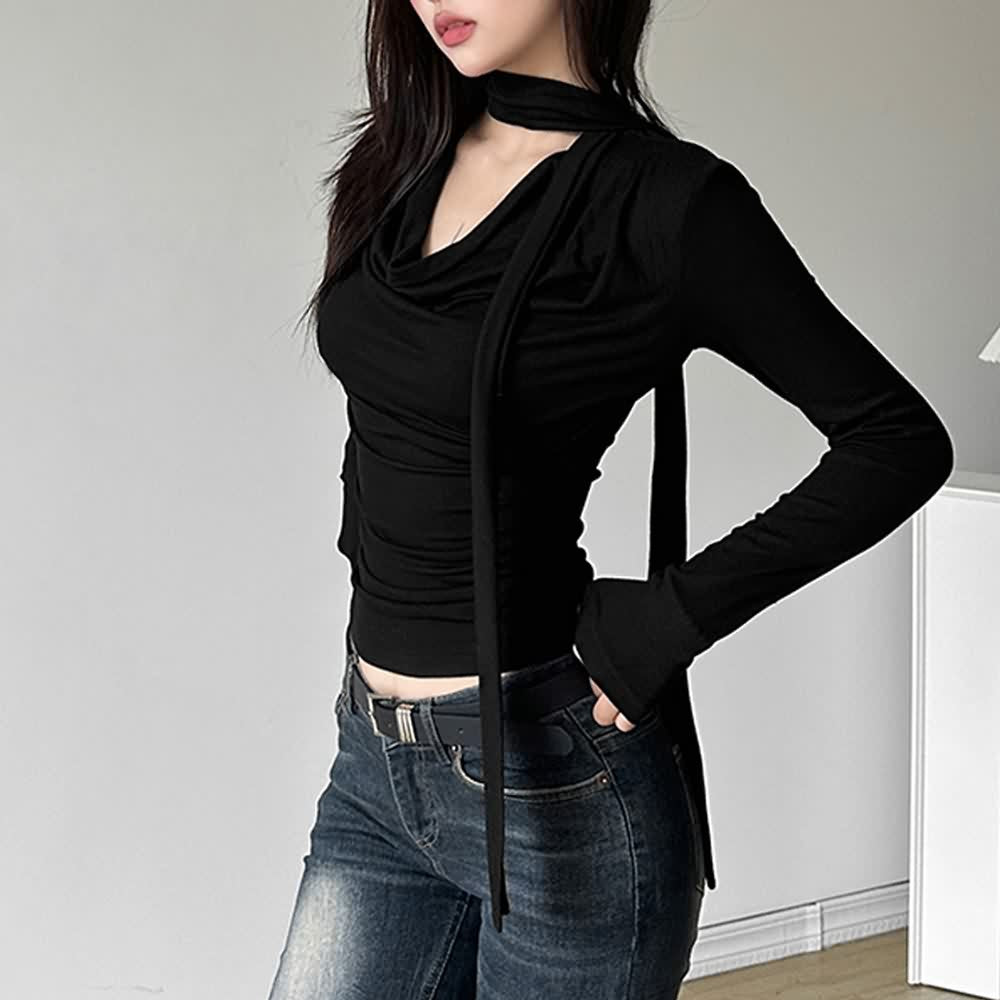 Black Cowl Neckline Long Sleeve Crop Top