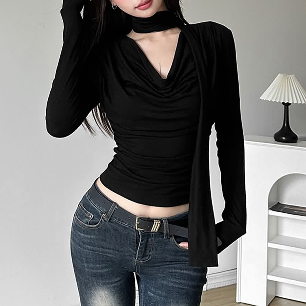 Black Cowl Neckline Long Sleeve Crop Top