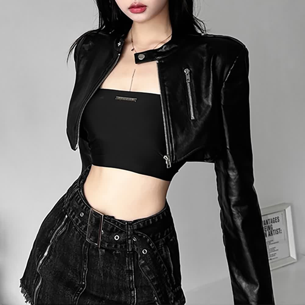 Black Crop Faux Leather Jacket