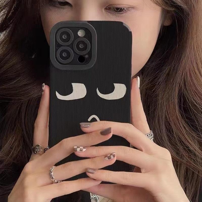 Black Cute Cartoon Expression Phone Case for iPhone 14, 13, 11, 12, Pro Max, Mini, Xs Max, X, XR, SE 2020, 7, 8 Plus