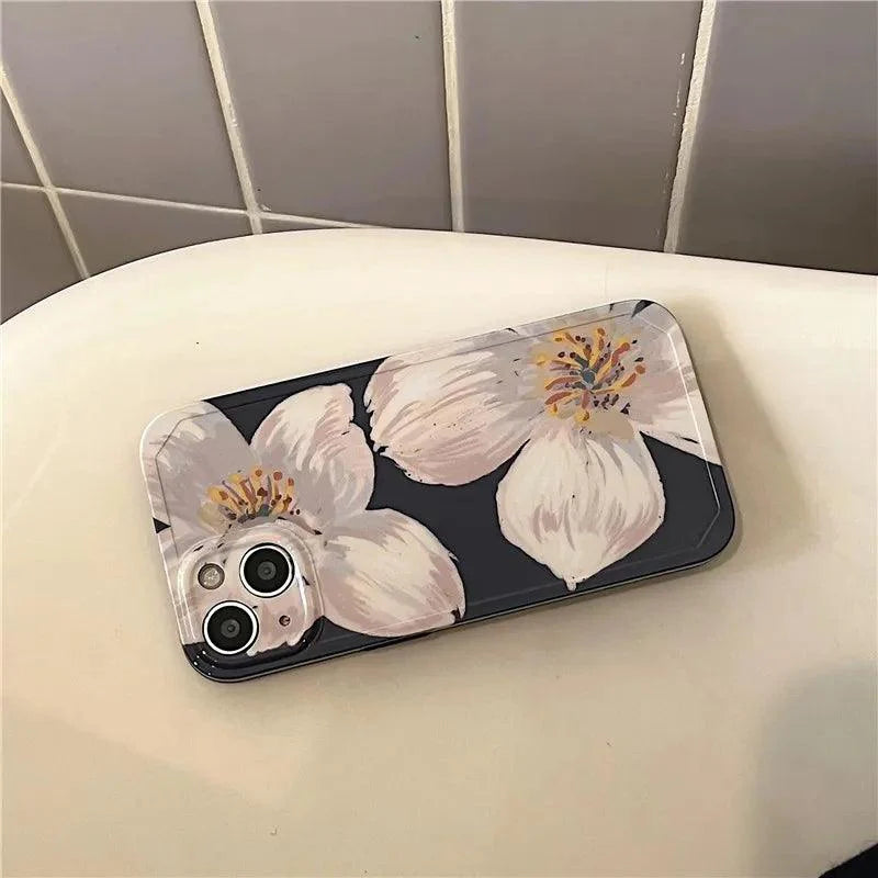 Black Cute Flower Oil Painting Phone Case for iPhone 11, 12, 13, 14 Pro Max, and 14 Plus