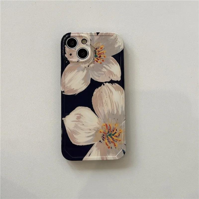 Black Cute Flower Oil Painting Phone Case for iPhone 11, 12, 13, 14 Pro Max, and 14 Plus