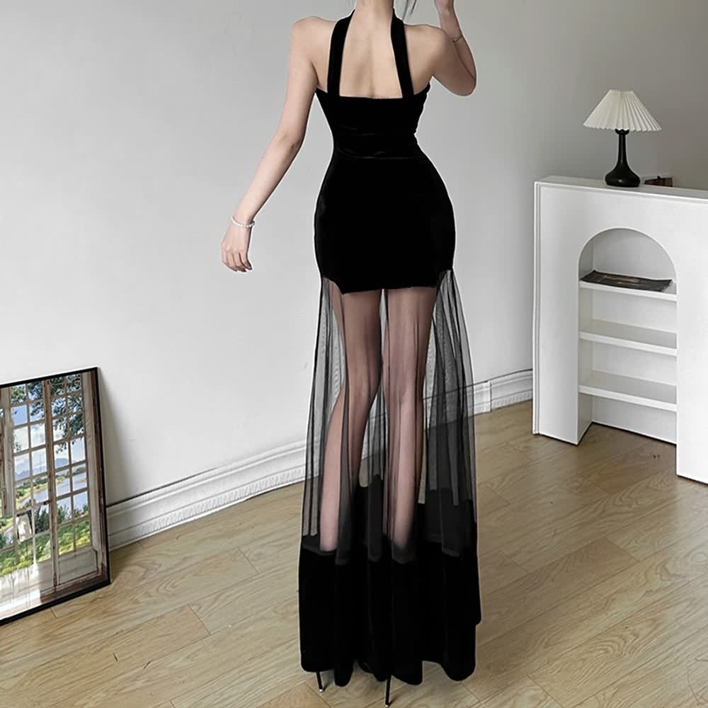 Black Elegant Gothic Velvet Maxi Dress