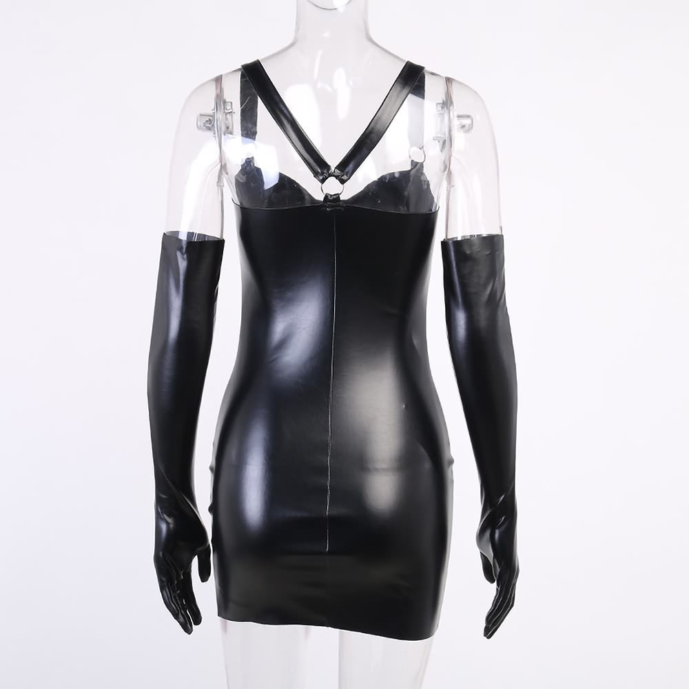 Black Faux Leather Gothic Punk Bodycon Dress With Opera Gloves