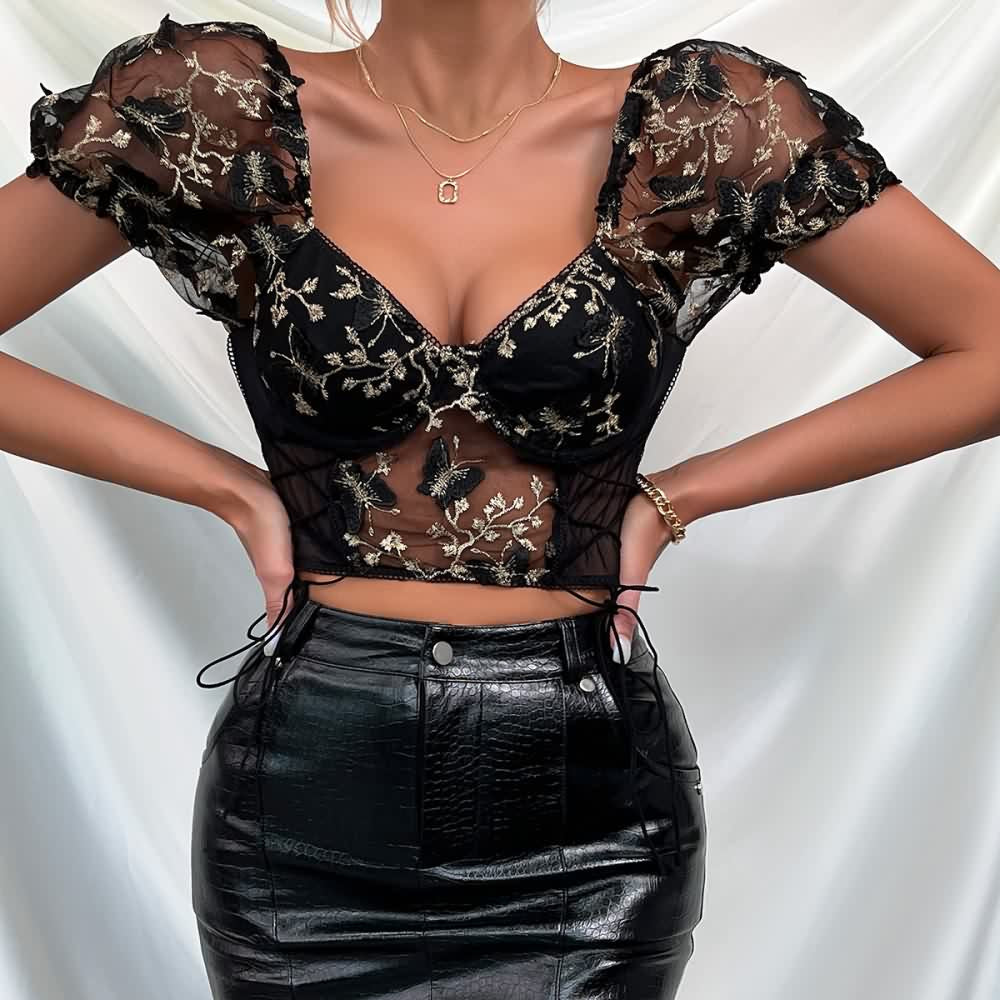 Black Floral Embroidery Mesh Puff Sleeve Crop Top