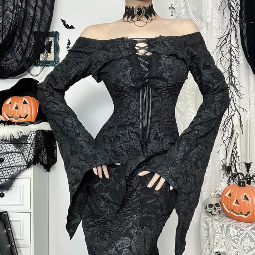 Black Floral Gothic Open Shoulder Long Sleeve Maxi Dress