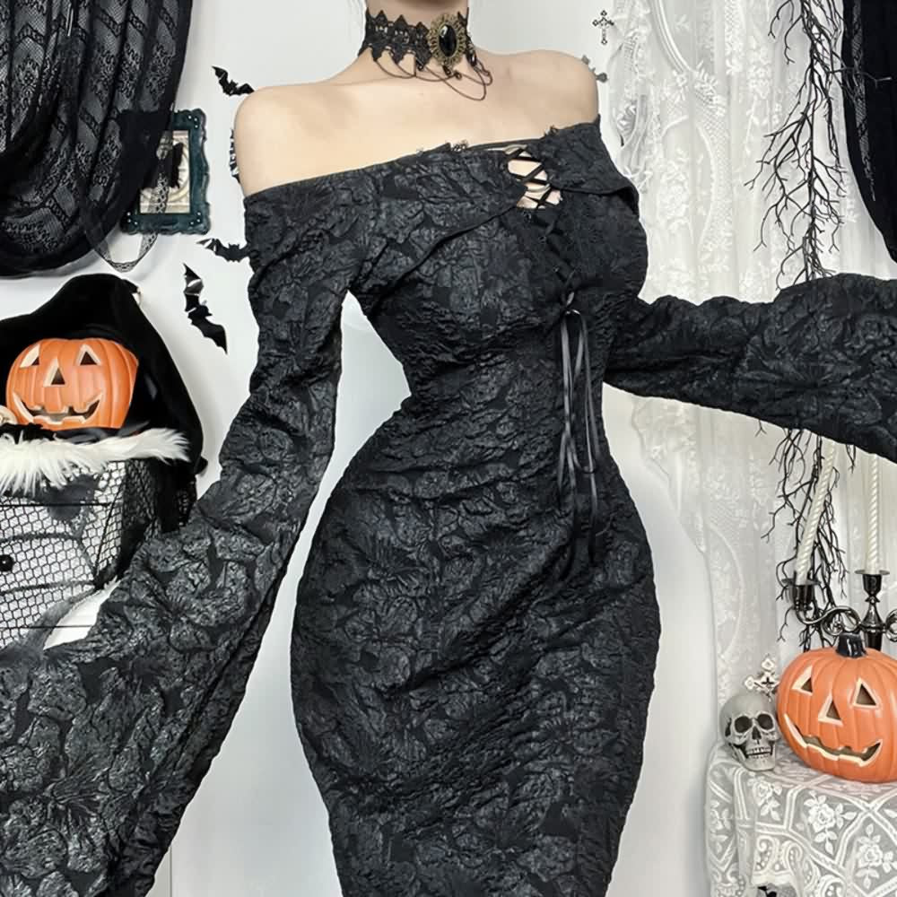 Black Floral Gothic Open Shoulder Long Sleeve Maxi Dress