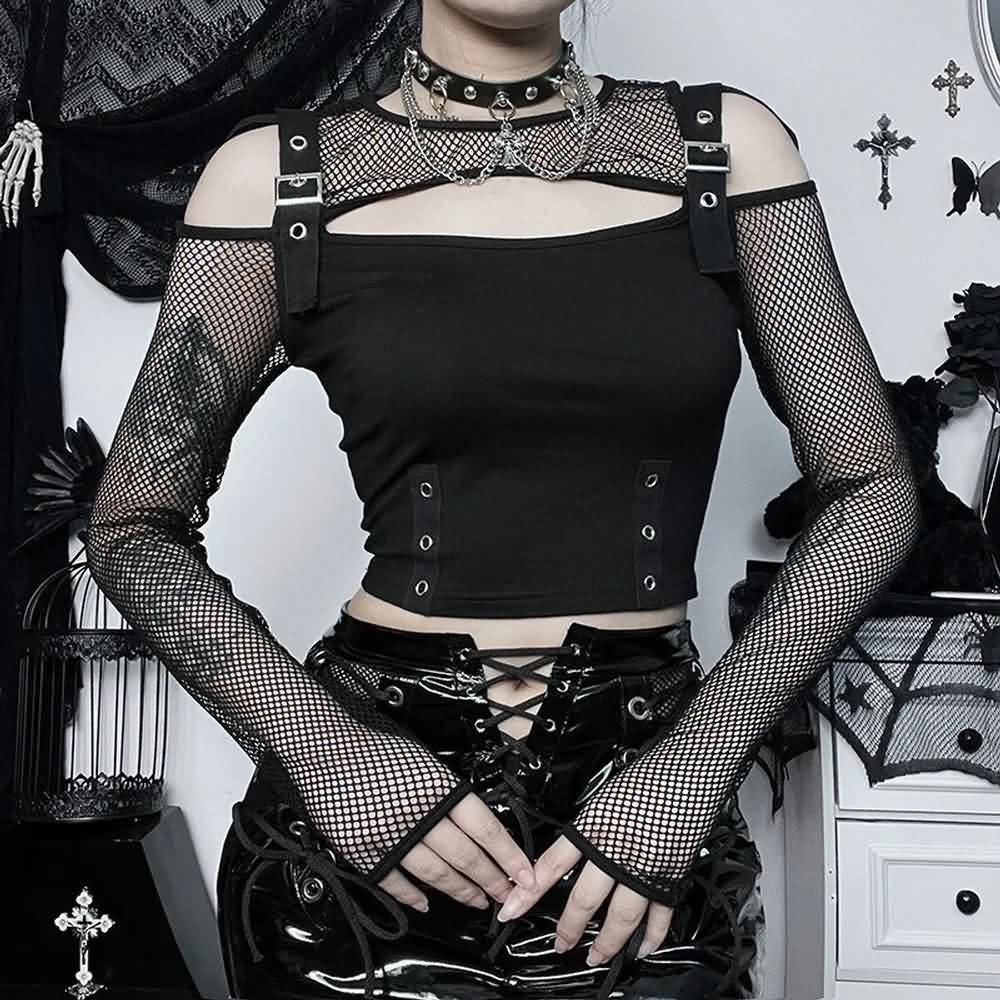 Black Goth Fishnet Mesh Long Sleeve Crop Top