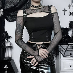 Black Goth Fishnet Mesh Long Sleeve Crop Top