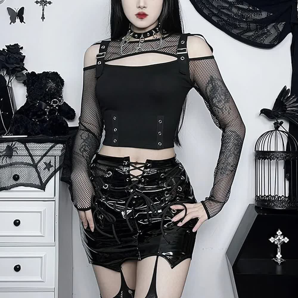 Black Goth Fishnet Mesh Long Sleeve Crop Top