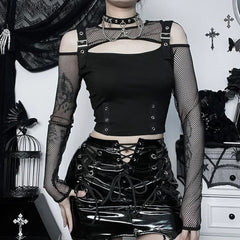 Black Goth Fishnet Mesh Long Sleeve Crop Top