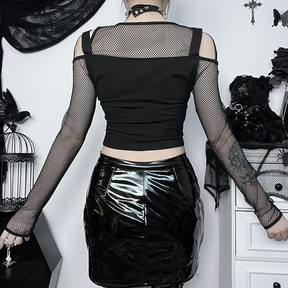 Black Goth Fishnet Mesh Long Sleeve Crop Top