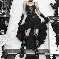 Black Gothic Asymmetrical Ruffle Tiered Skirt