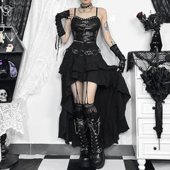 Black Gothic Asymmetrical Ruffle Tiered Skirt