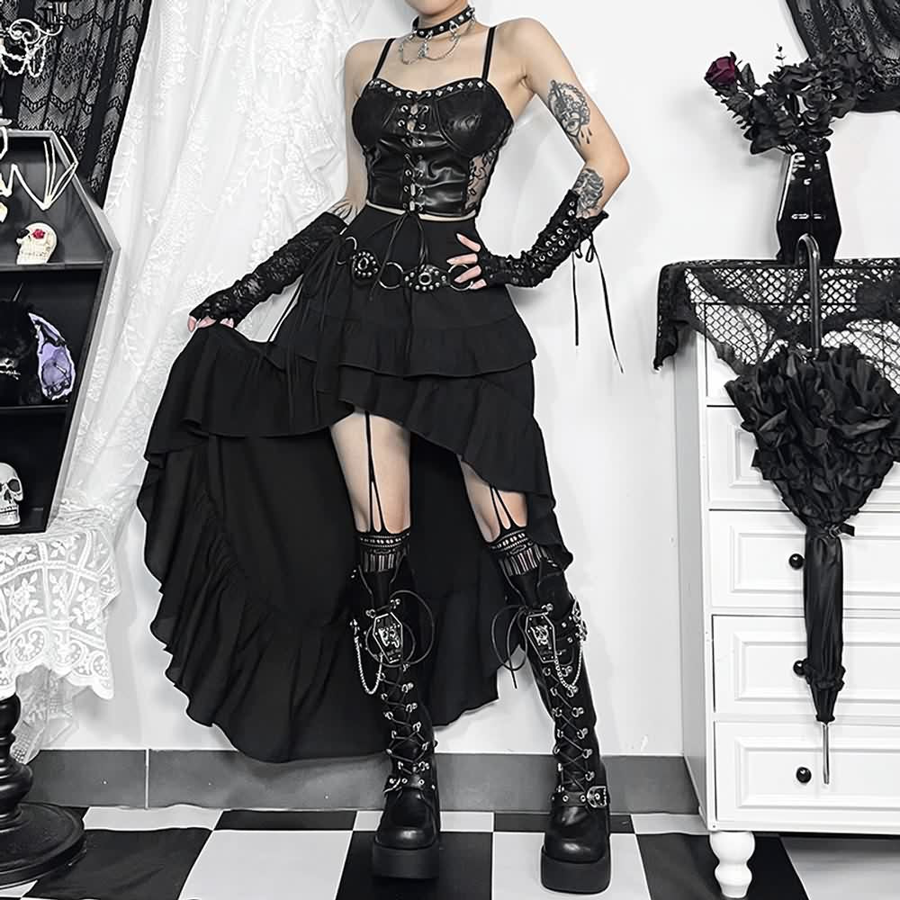 Black Gothic Asymmetrical Ruffle Tiered Skirt